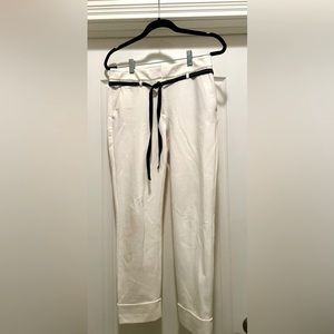 Ecru ankle length lined dress pants with sparkle silver & black belt